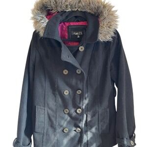 Rue 21 Women's Black Double Breasted Wool Pea Coat with Faux Fur Hood Size Large